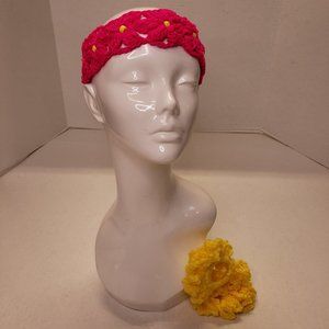 Woman's Handmade Crochet 2 Scrunchies and Flower Headband | Yellow & Pink